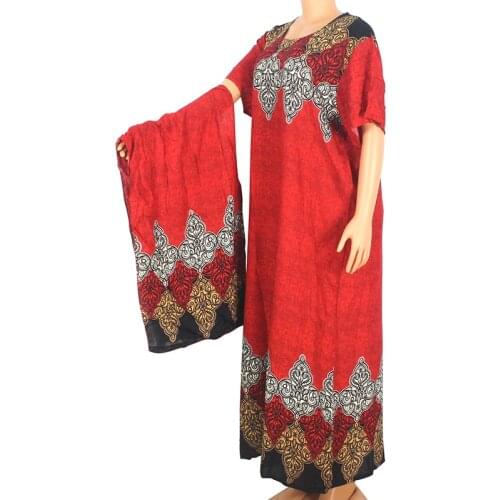 2020 Dashikiage African Dashiki For Women 100% Cotton Red Print Short Sleeve O-Neck Long Dress Summer Modern Mama Maxi Dress