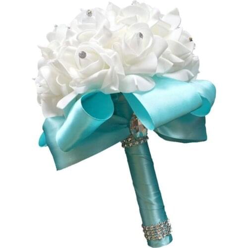 2019 Handmade Tiffany blue Bridal Bridesmaid Flower Wedding Bouquet Artificial Flower Rose Ribbon Crystal Bouquets de noiva Beau