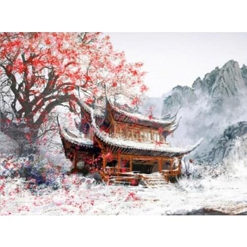 Diy Diamond Painting Sakura Flower Blossom Nature Home Decoration Embroidery Building Handmade Gift Mosaic Scenery Diamond Art