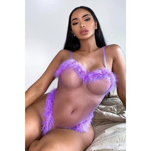 BKLD Hot Summer Women Fashion Faux Fur Trim Spaghetti Strap Bodysuit Tops Sexy Club Mesh Sheer Teddies Erotic Lingerie Nightwear