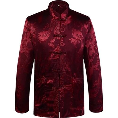 Brand Designer Chinese Traditional Mens Satin Mandarin Collar Dragon Silk Tang Suit Clothing Kung Fu Jacket Coat