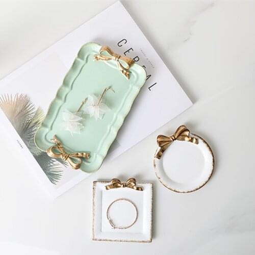 Cutelife Ceramic Vintage Round Bow Jewelry Tray Kitchen Table Food Cake Ring Tray Tableware Wedding Sofa Storage Tray Decorative