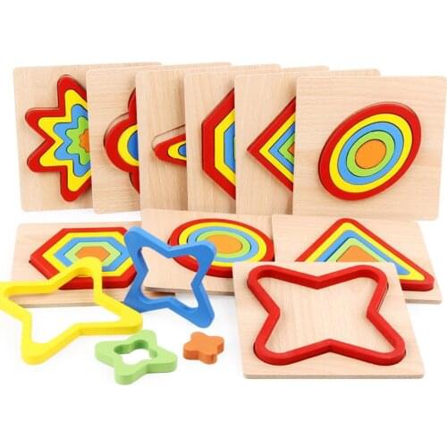 Wooden Rainbow Color Geometry Jigsaw Puzzle Board Shape Cognition Education Toy