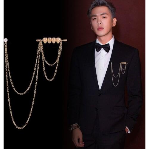 High-end Skull Brooch Pins Crystal Long Tassel Chain Collar Mens Suit Shirt Badge Corsage Vintage Jewelry for Women Accessories