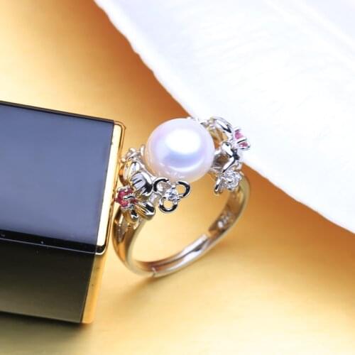 FENASY 8-9mm Pearl Jewelry natural Freshwater Pearl Rings For love Bohemian 925 Sterling Silver pink stones Ring Gift For Women