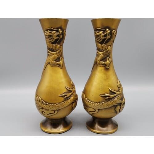 A Pair Collection Chinese Antique Dragon Statue Brass Vase