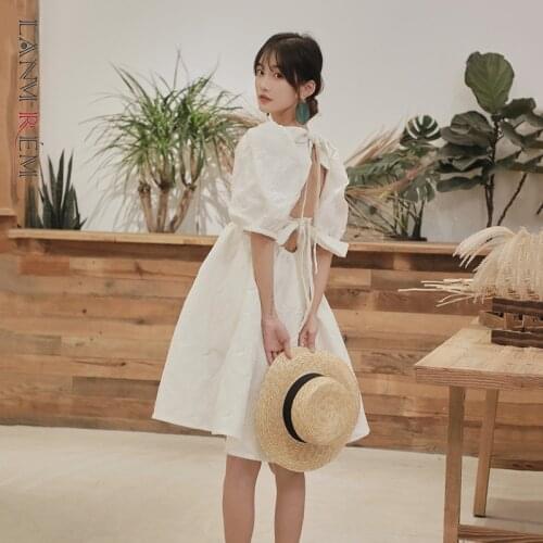 LANMREM Women Bow Bandage Backless Dress New Square Collar Half Puff Sleeve Loose Fit Fashion Tide Summer new dress 2021 WM099