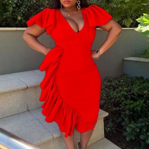 Summer 2021 African Sexy Plus Size Dress Women Party Fashion V Neck Solid Pink Red Simple Ruffle Bodycon Dresses Oversized 3XL