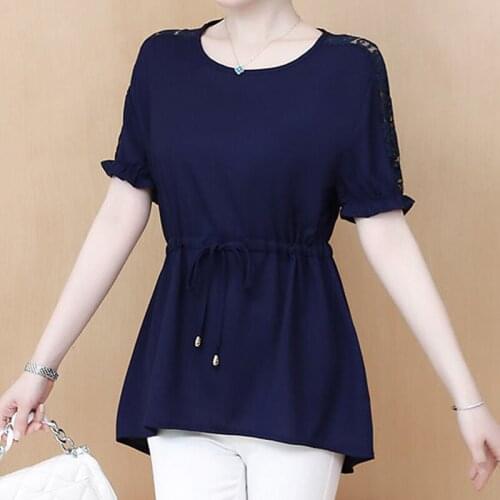 Summer Short Sleeve Women Lace Chiffon Blouses Loose Shirts Lady Temperament O-Neck Large Size Tops Blusas MM0343