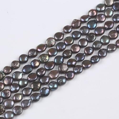 Natural Real Beads 10MM Coin Flat Round Freshwater Pearl Black Color DIY Jewelry