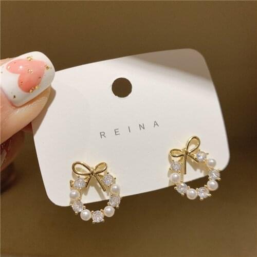 Korea New Design Fashion Jewelry Simple Cute Bow Round Zircon Pearl Earrings Sweet Student Gift Womens Daily Earrings