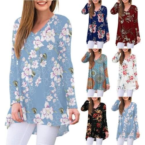 2021 autumn and winter European and American printing V-neck long-sleeved womens T-shirt mid-length casual floral top clothing