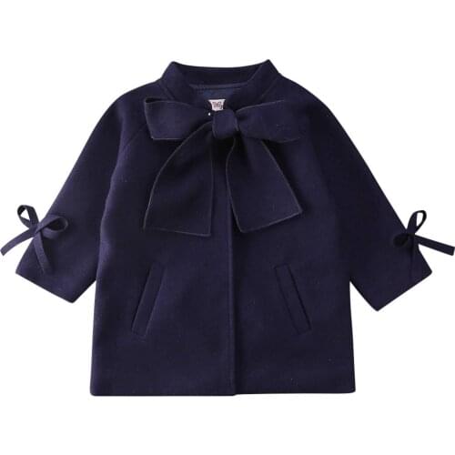 2-8Y Infant Kids Baby Girl Blends Coat Outfits Blue Bowknot Long Sleeve Slim Autumn Winter Top Outwear