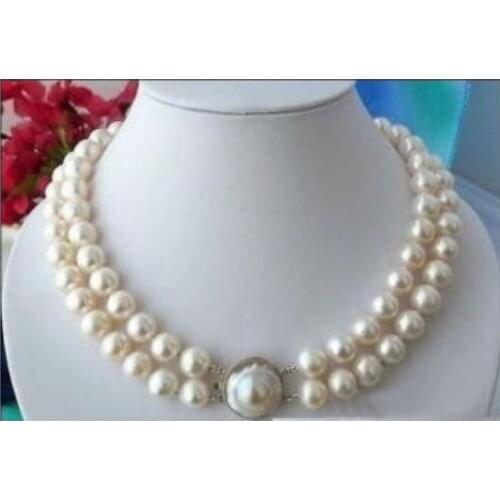 Beautiful lovely AAA 2 ROW 9-10mm WHITE ROUND south sea pearl necklace 18-19" word wholesale mujer for women -jewelry