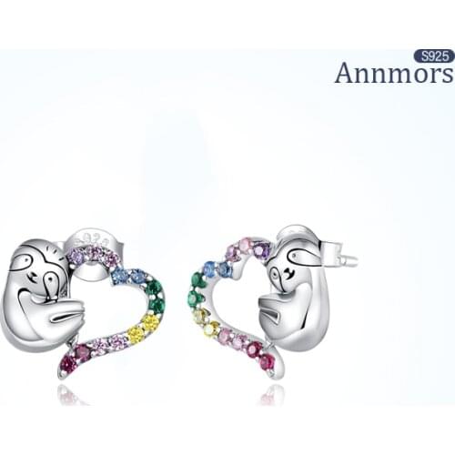 925 Sterling Silver Heart Shape Cute Animal Bears Earrings Colored Zircon Simple 2021 Fine Jewelry Ear Pins Earrings for Women