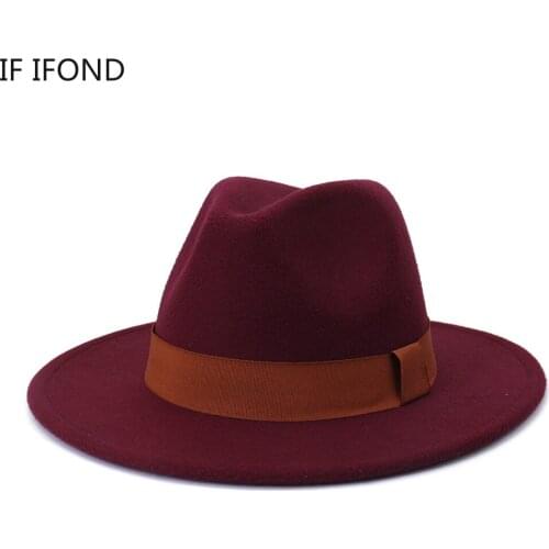 British Women Men Wool Fedora Hat with Ribbon 2021 Winter Autumn Wide Brim Church Panama Sombrero Cap Formal Dress Hat