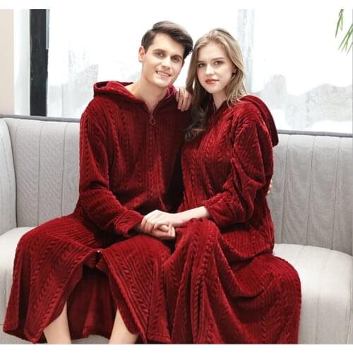 Extra Long Thick Coral Fleece Winter Warm hooded Bath Robe Men Women Flannel Kimono Bathrobe home Dressing Gown zipper Nightwear