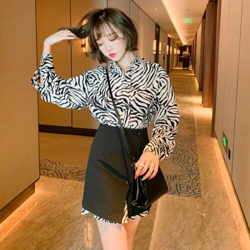Awarose Zebra Print Long Shirt + High Waist Button Split Fork Mini Skirts Women Autumn Fashion 2 Piece Suit Female Clothes Set