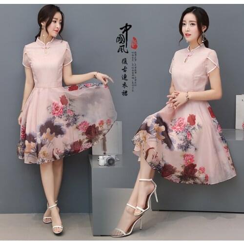 Improved Cheongsam Organza Printed Party Dress Female Spring Summer Short sleeve Swing A-line Waist Dress Women Floral Colthes
