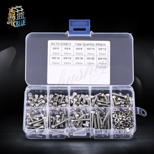 340pcs/set M3 Stainless Steel SS304 Hex Socket Cap Head Screws Nuts Assortment Kit Fastener Hardware With Box