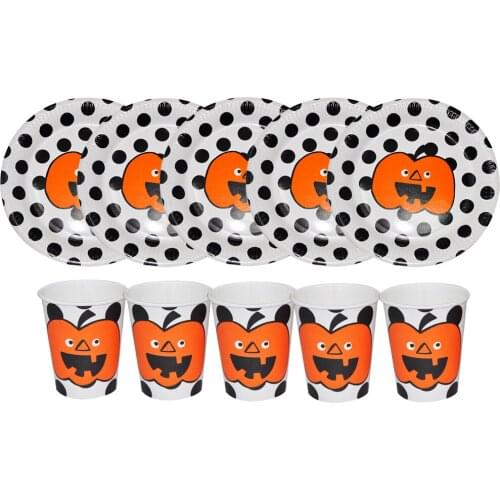 50 plates+50 cups Halloween Orange Pumpkins Party Supplies Tableware Sets Black Disposable Paper Plates Cups Dessert Plate
