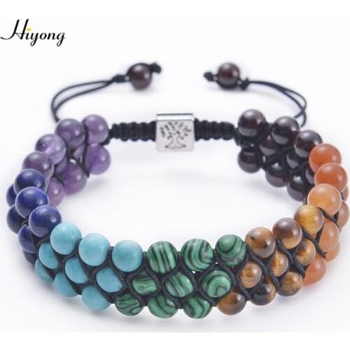 HIYONG 6MM Chakra Beads Bracelet Tree of Life String Rope Bracelet Three-layered Natural Stone Bracelets Women Men Jewelry 2021
