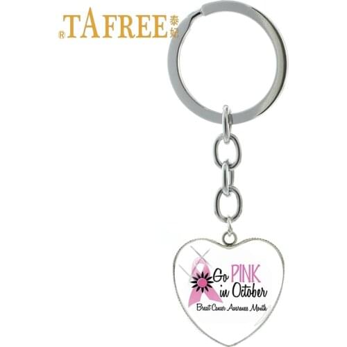 TAFREE Pink female Month keychain Breast Cancer Awareness Month Glass decorative alloy key chain ladies Gift Jewelry CC47
