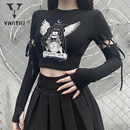 Black Sexy Slimming Navel-baring T-shirt for Women Instagram for Female Students with Long Sleeves Tied Up Print Top for Women