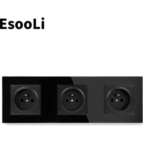 Esooli Black Crystal Glass Panel French Standard Wall Socket 258*86mm Power Socket Plug Grounded 16A Electrical Triple Outlet