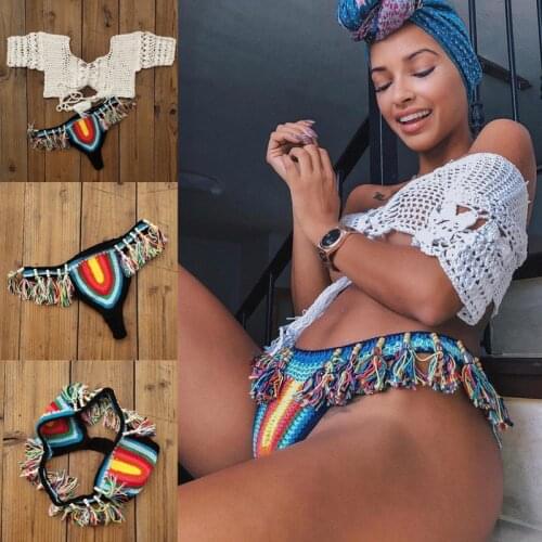 Hand Crochet Bikini Set Women summer boho Sexy cover up Elastic tassel shorts beach Swimwear festival clothing