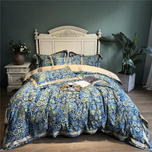 Luxury Flower printed Egyptian cotton Bedding sets Blue Queen King Pastoral Duvet cover Bed sheet set Pillowcases 4pc 14 color