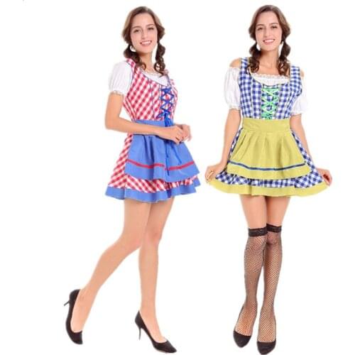 Adult Women Oktoberfest Costume Germany Bavarian Beer Red Blue Plaid Mini Dress Beer Maid Costume costume halloween