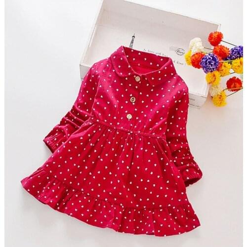 Fashion 2-7 Years Children Girls Dress Spring Turn-down Collar Dot Print Kids Girls Sweet Long Sleeve Red Princess Clothes