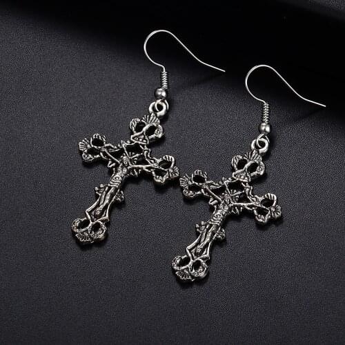 Trendy Vintage Cross Shape Antique Silver Plated Punk Hiphop Rock Style Retro Drop Earrings for Women Girl & Man Party Jewelry