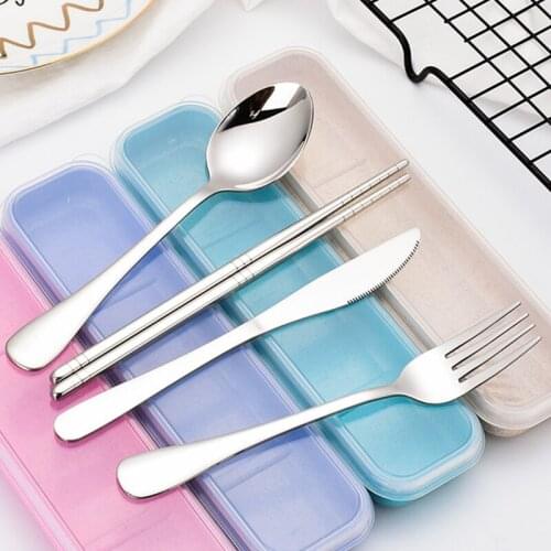 4Pcs Stainless Steel Dinnerware Set Knife Fork Chopsticks Spoon Outdoor Travel Portable Tableware Suit Kitchen Utensils with Box