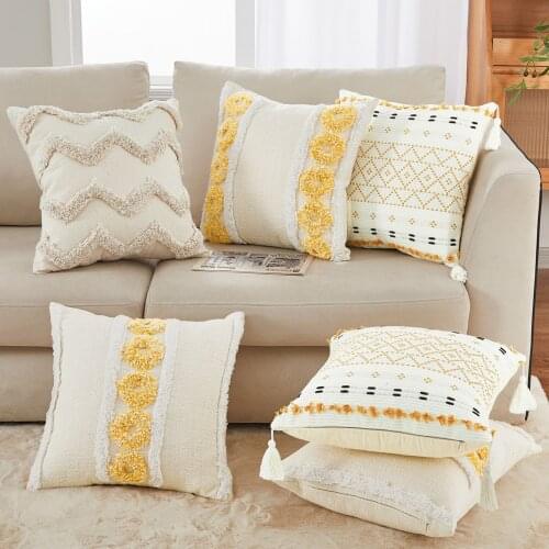 Cushion Cover 45x45cm Cotton Linen Tassel Pillowcase Tufted Beige Decorative Fashionable Throw Pillow Cushion for Sofa Bed Home