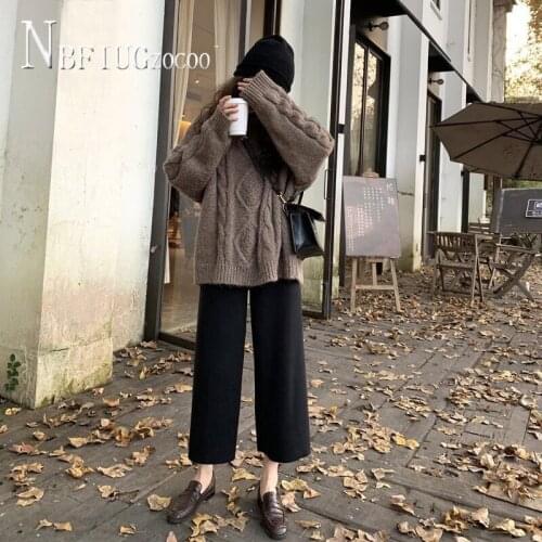 Autumn Casual Preppy Style Korean Wide Leg Women Woolen Pants Elastic Waist Female Trousers