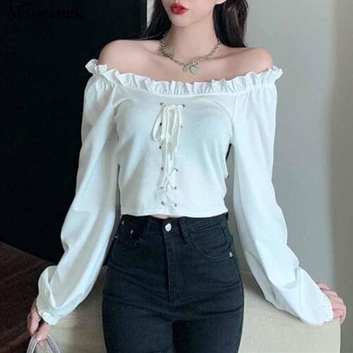 Autumn Off Shoulder Long Sleeve Shirt Women Top Cotton Solid White Blouse Women Casual Drawstring Vintage Women Blouses 11352