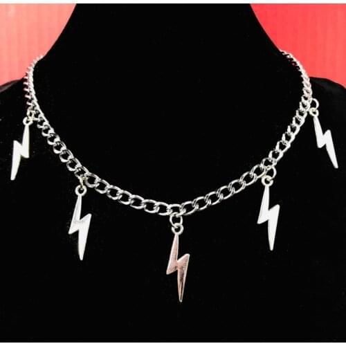 Unisex Lightning Bolts Silver Color Curb Cuban Chain Choker Necklace Chunky Goth Punk Rock Hip-hop Street Fashion Jewelry