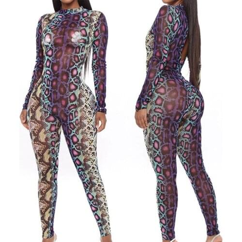 Snake Pattern Sexy Bodysuit Womens Backless One-Piece Long-Sleeved Fashion Fitness Long Jumpsuit