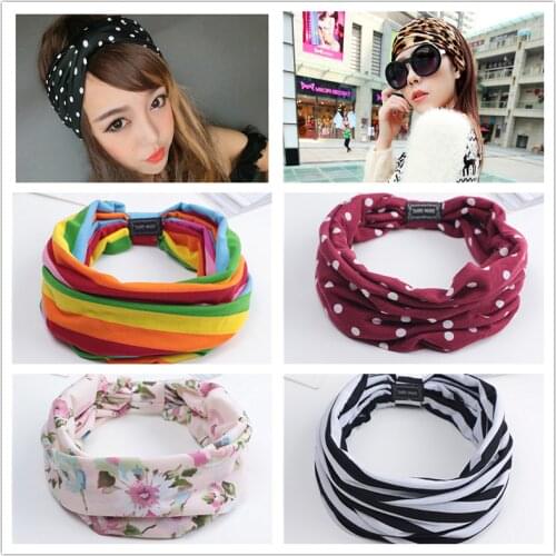 New Women Turban Rainbow Dot flower Print Wide headband For Girls Cotton Fabric Headwrap Yoga Headwrap Bow hairband For Ladies