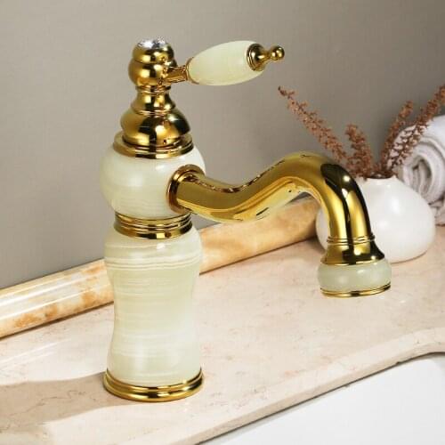 Luxury Gold Brass Natural jade Bathroom Sink Faucet Golden Art Basin Mixer Taps Single Handle Lavatory Faucet,Gold Finish-SM449