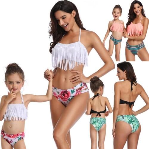 Sexy Bikini 2021 Push Up Bikini Set Parent Child Pink Swimwear Girls Micro Swimsuit Women Tassel Biquini Beach Party Two-Piece