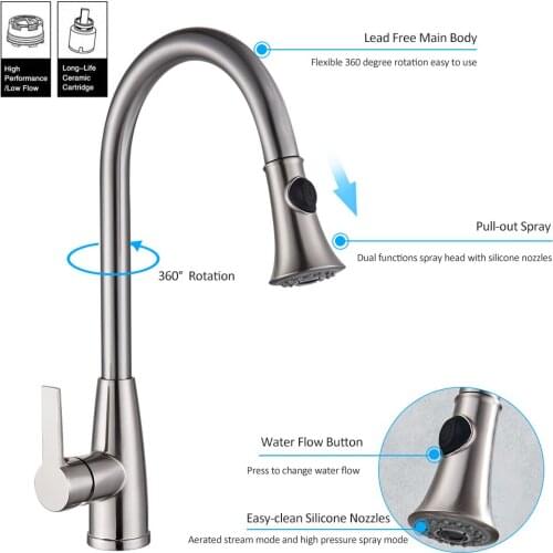 Vidric Lead-free Burshed Nickel Kitchen Faucet Pull Out Spray Mixer 2-Function Water Outlet Mixer Tap Kitchen Faucet Tap