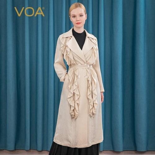 VOA Silk Double-craft Jacquard Lapel Belt Double-breasted Ruffled Fall 2020 Women Fashion Windbreaker FE28