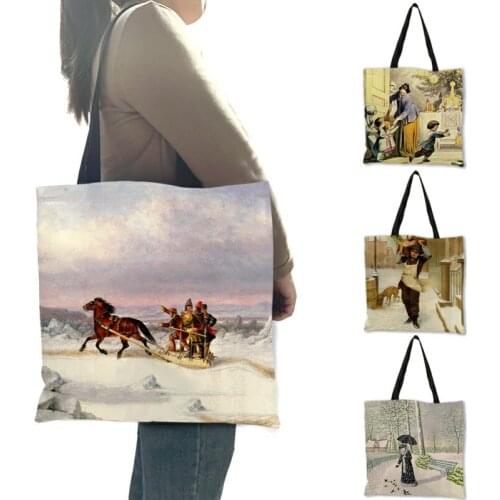 Retro Ancient Roman Oil Painting Girls Angles Print Hand Bags Women 2020 Ladies Reusable Shopping Bag Shopper Totes B13195