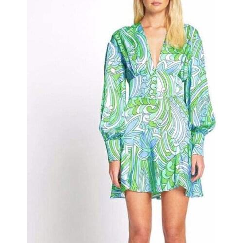 Baldauren Hot sale Green skirt 2021 summer new Hawaiian wind comfortable temperament drape slim high waist V-neck A dress