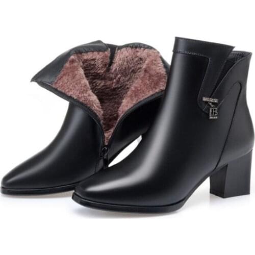 New Fashion Rhinestone Square Head Winter Boots Women Ankle Boots High Heels Genuine Leather Boots Women Boots Shoes Size 33-41