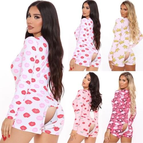 Womens Sexy High Waist Playsuit Casual Pattern Printing Romper Long Sleeve Short Pants Home Clothing