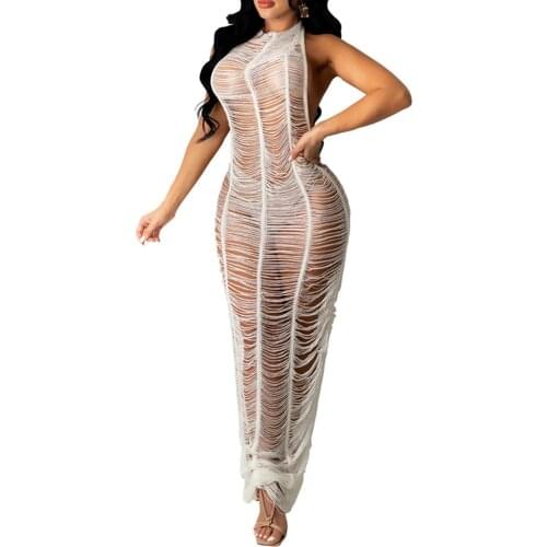 Women Solid Color Halter Dress, Sleeveless Hollow Out See Through High Waist Long Dress for Beach